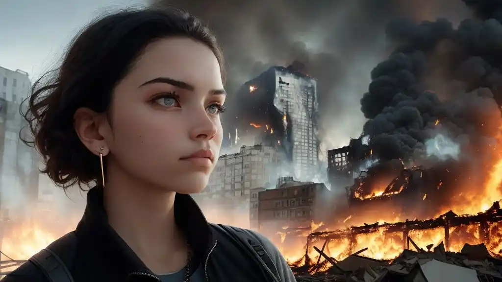 спокойная девушка на фоне горящих зданий