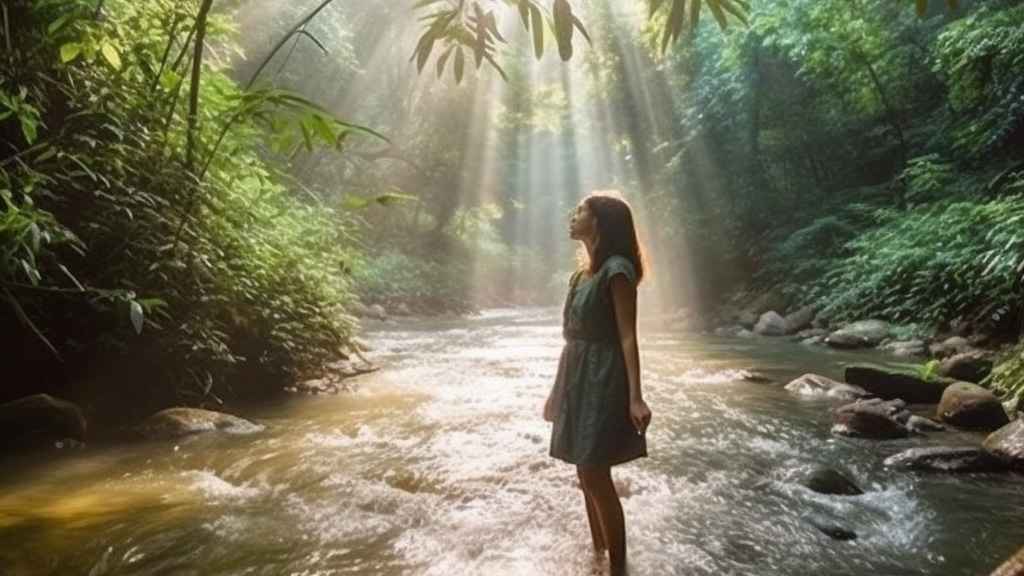 второе раждение: девушка наслаждается тропическими джунглями