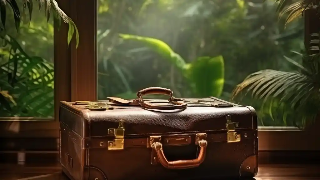 Дорожный чемодан на фоне амазонских джунглей, ретрит в джунглях