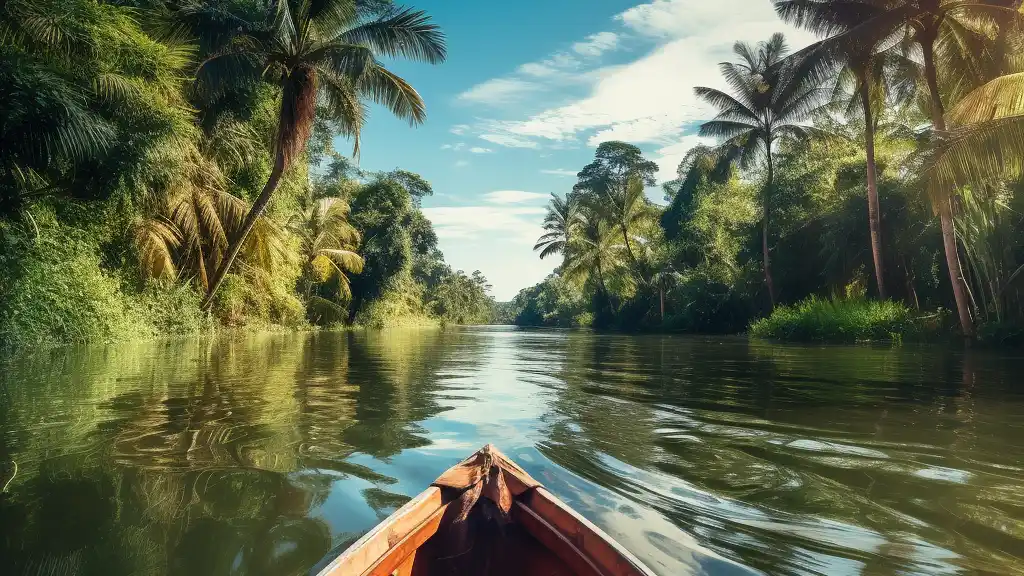 Вид из лодки на Амазонские джунгли