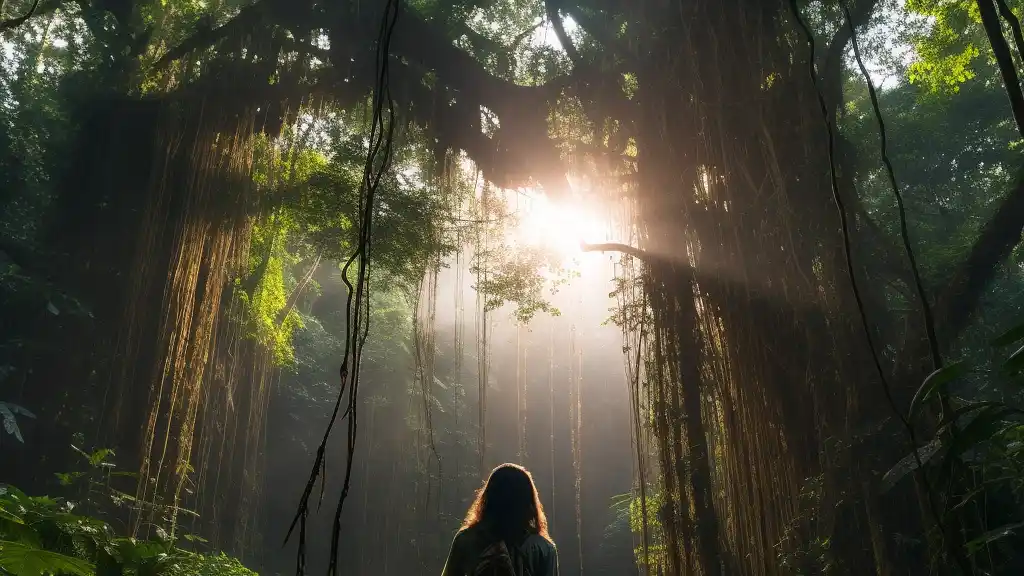 девушка в Амазонских джунглях, ретрит с растениями